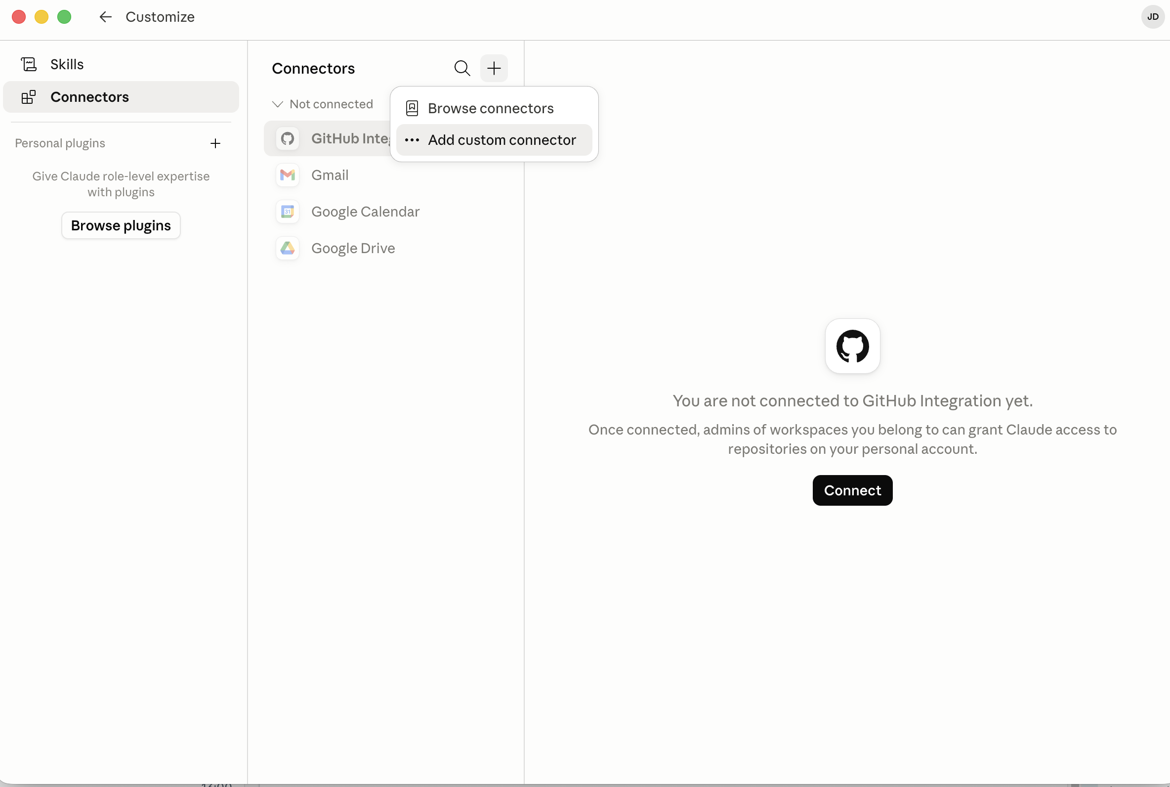 แท็บ Connectors ของ Claude พร้อมปุ่ม Add custom connector