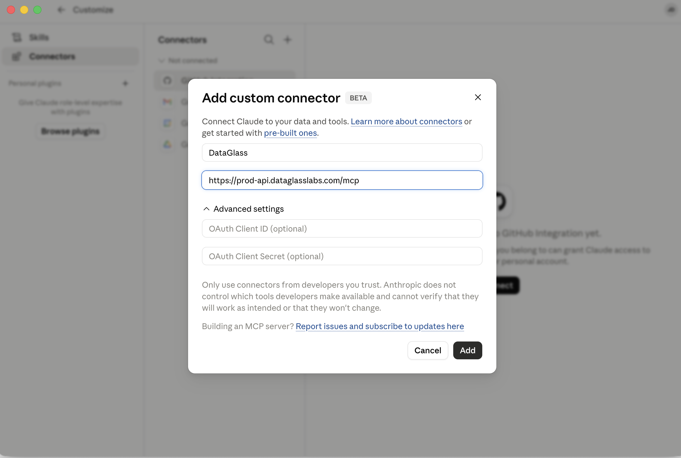 หน้าต่าง Add custom connector ที่กรอกชื่อ DataGlass และ remote MCP server URL แล้ว