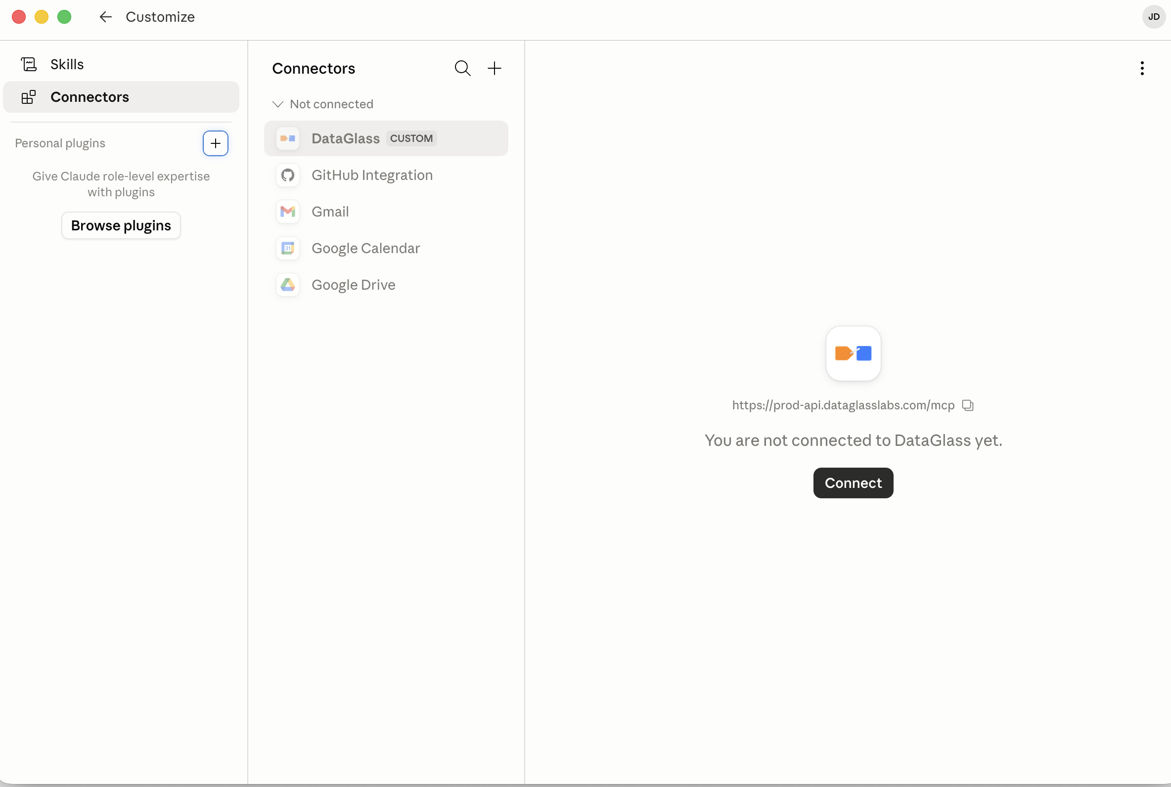 connector ของ DataGlass ที่แสดงพร้อมปุ่ม Connect