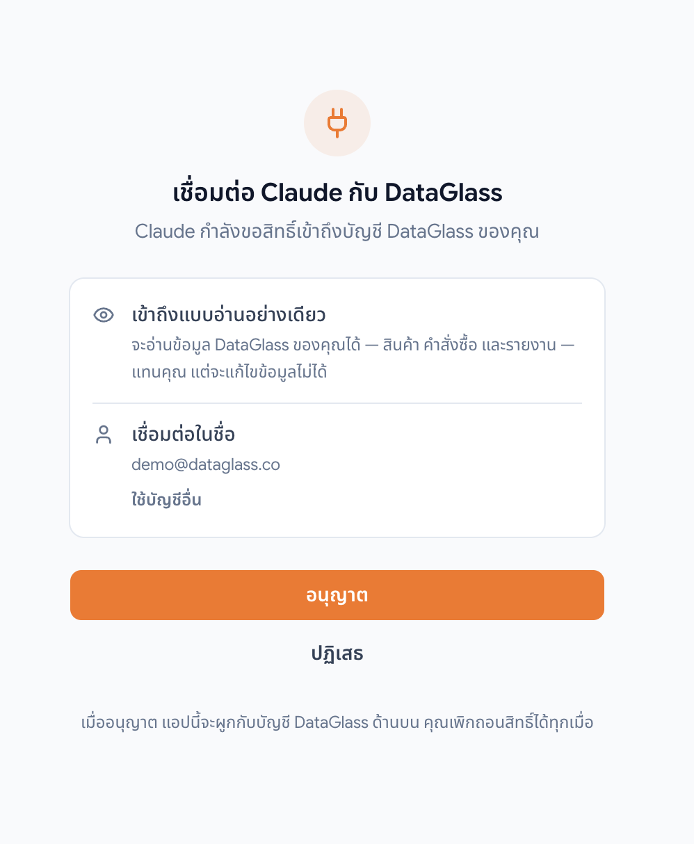 หน้าจอยืนยันสิทธิ์ของ DataGlass ที่ให้ลงชื่อเข้าใช้และอนุญาต