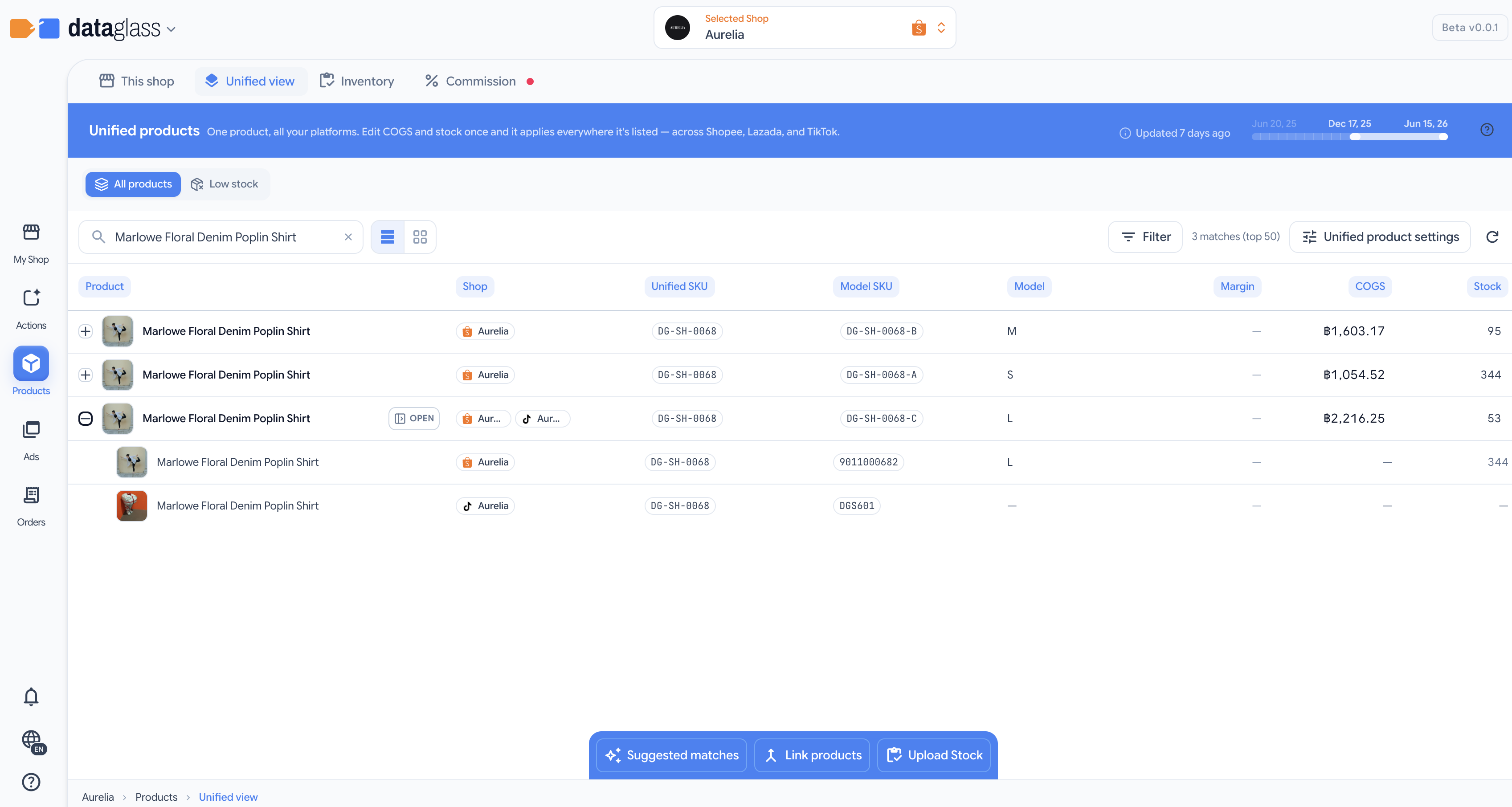ภาพรวมสินค้าแสดงแถวหลักของสินค้าพร้อมแถวย่อยของ Shopee, Lazada และ TikTok Shop